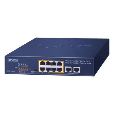 Switch PoE+ / 8 Puertos Gigabit 802.3at / 2 Puertos Uplink / Presupuesto PoE 120 W / Alcance Extendido 250 m (820.2 ft) / Rackeable 1U