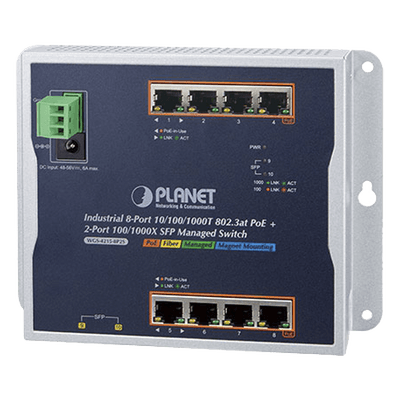 Switch Industrial PoE Administrable de Pared / 8 Puertos Gigabit PoE 802.3at / 2 Puertos SFP 100/1000X / Presupuesto PoE 200W / Alcance hasta 820 pies