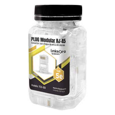 Bote de 100 Conectores RJ45 Cat5e / Sin Blindaje / Chapado Oro 30 Micras / 24 AWG / TIA-568B.2
