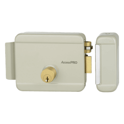 Cerradura Eléctrica / 12 VCA 2.5 A / Doble Cerrojo / Activación por Pulso 2 s / Exterior / Derecha / 129 x 103 x 38 mm