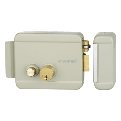 Cerradura Eléctrica con Botón de Salida / Doble Cerrojo / Exterior Derecha / 12 VCA 2.5A / Compacta 129 x 103 x 38 mm