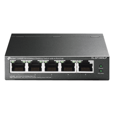 Switch PoE No Administrable / 5 Puertos 10/100 Mbps / 4 Puertos PoE 802.3af / Presupuesto 41 W / Extensión PoE 250 m (820 ft) / Sin Ventilador