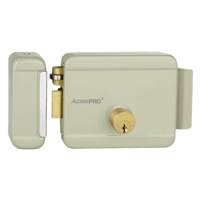 Cerradura Eléctrica / Doble Cerrojo / 12 VCA 2.5 A / Activación por Pulso 2 s / Exterior / Puerta Izquierda
