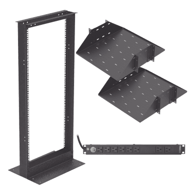 Kit de Rack 19" / 24 UR / 2 Charolas Centrales / PDU 10 Tomas 110 VCA / 15 A Máx.