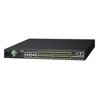 Switch Core Capa 3 / 24 SFP 100/1000X / 8 RJ45 Gigabit Compartidos / 4 SFP+ 10G / 95.23 Mpps / 1.44 x 0.79 x 0.14 pies