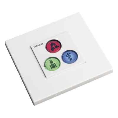 Módulo de Botones para Llamada Paciente-Enfermera / 3 Teclas Iluminadas / Lector RFID 125 KHz / BUS RS485 / Instalación Empotrada 2x2 pulgadas o Superficie