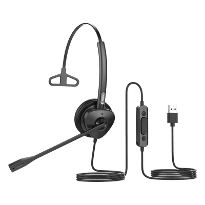 Diadema USB Monoaural / Cancelación de Ruido ENC / Audio HD / Micrófono Dual / Plug-and-Play