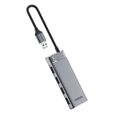 HUB USB 3.2 Gen1 / 4 Puertos USB-A / 5Gbps / Carcasa ABS+PC Metalizado / Cable Nylon 20cm / OTG / LED Indicador
