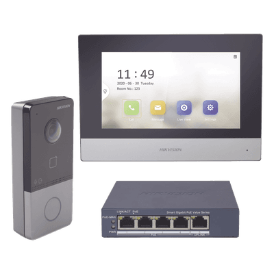Kit de Videoportero IP / Pantalla Táctil 7" / Cámara 1080p / IR Nocturno 3 m (9.8 ft) / IP65 / PoE / Apertura MIFARE / App Móvil