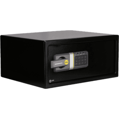 Caja Fuerte Electrónica Residencial / Código 3-8 Dígitos / Llave de Emergencia / Puerta Acero Reforzado 2 Bulones / Bloqueo 5 Minutos / Alimentación 4 Pilas AA / LED Estado