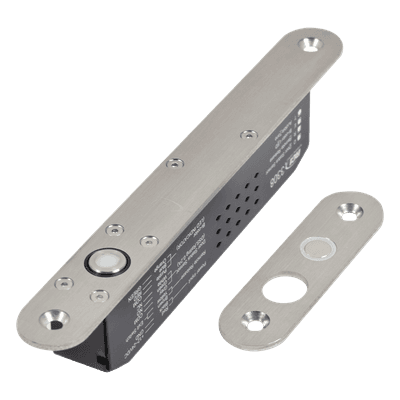 Cerradura de Perno Eléctrica / Diseño Estrecho para Perfiles Delgados / Temporizador 10 s / Buzzer y LED Bicolor / 12-24 VDC / Sensor de Estado de Puerta