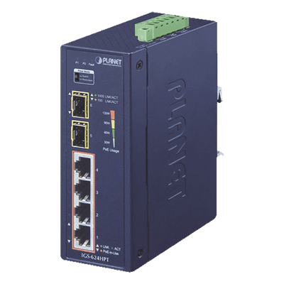 Switch PoE+ Industrial / 4 Puertos Gigabit PoE+ 802.3at / 2 SFP 1000X / IP40 / -40°C a 75°C / 130.6W / 12-56VDC