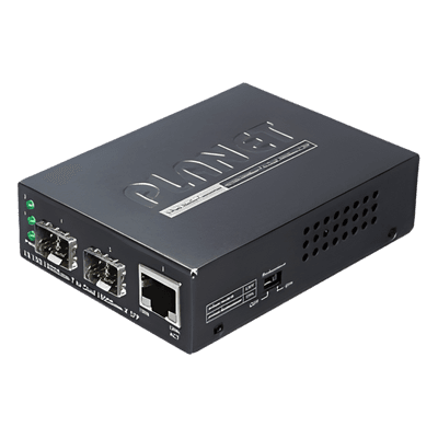 Convertidor de Medios / Puerto 10/100/1000Base-T / Doble Ranura SFP / Hasta 120 km / 2.8 W