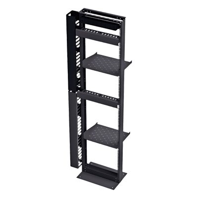 Kit organizador de redes / Rack 19' tipo L 45U / 2 organizadores verticales 45U total / 2 organizadores horizontales 2U / Regleta 8 salidas / Charolas y accesorios
