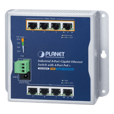 Switch Industrial No Administrable / 8 Puertos Gigabit / 4 Puertos PoE+ 802.3at / 120 W / Montaje Múltiple / Alimentación Dual con Failover