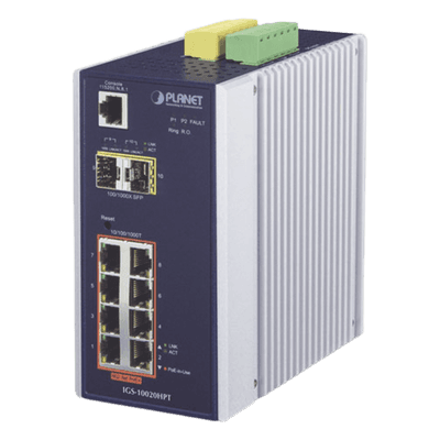 Switch Industrial Administrable Capa 2 / 8 Puertos PoE Gigabit 802.3af/at / 2 Puertos SFP 1/2.5G / Fuente Redundante / 258W PoE Total