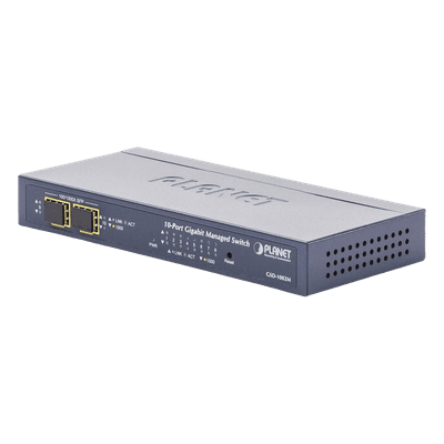 Switch Administrable / 8 Puertos Gigabit / 2 Puertos SFP / 20 Gbps Switching / Alimentación Dual PoE + DC / IPv6/IPv4 / CloudNMS