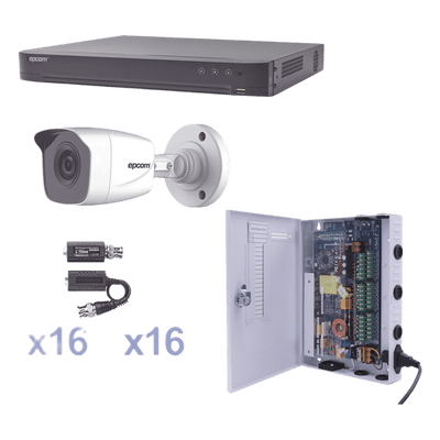 Kit TurboHD / DVR 16 Canales Pentahíbrido / 16 Cámaras Bala 1080p / IR 20 m (65.6 ft) / Fuente de Poder Profesional / Transceptores UTP