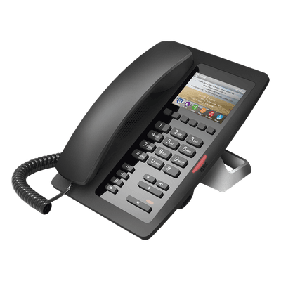 Teléfono IP Hotelero / Pantalla LCD Color 3.5" / 2 Líneas SIP / 6 Teclas Hotline / Puerto USB Carga / PoE 802.3af / Personalización Logo Hotel