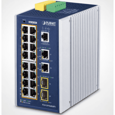 Switch Industrial Administrable / 16 Puertos PoE+ Gigabit / 2 Puertos Gigabit / 2 Puertos SFP / IP30 / -40 a 75°C
