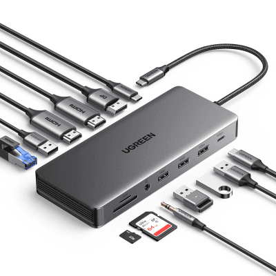 Docking Station USB-C 12 en 1 / 2 HDMI 4K@60Hz + DisplayPort 4K@60Hz / 6 Puertos USB 3.2/3.0 / Gigabit Ethernet / Lector SD/TF / Audio 3.5mm / PD 100W / Triple Pantalla